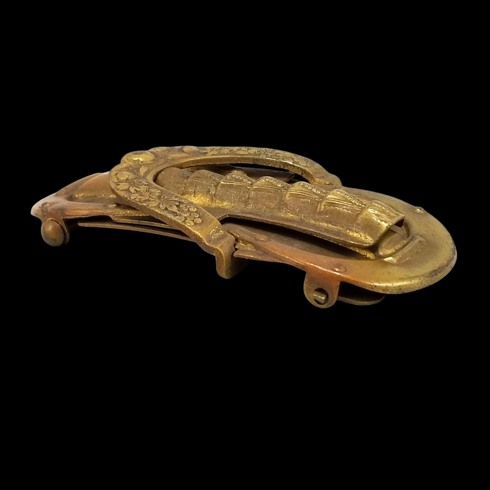Antique Victorian Brass Horseshoe Floral Belt Buckle 2 Piece Pat 1900 Gold Tone - Picture 3 of 11
